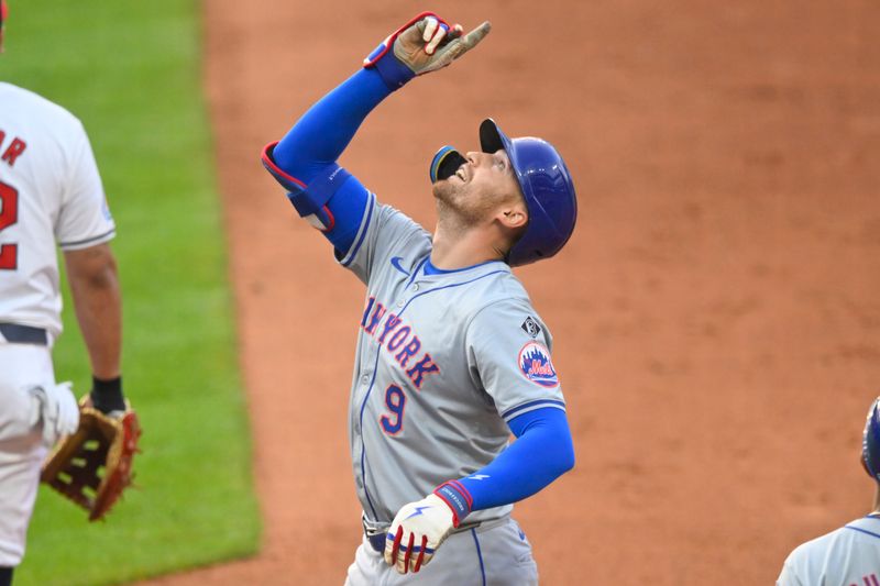 May 20, 2024; Cleveland, Ohio, USA; New York Mets left fielder Brandon Nimmo (9) reacts after hitting a single in the sixth inning against the Cleveland Guardians at Progressive Field. Mandatory Credit: David Richard-USA TODAY Sports