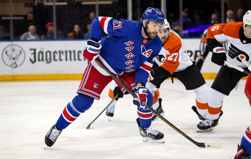 Apr 11, 2024; New York, New York, USA; New York Rangers center Barclay Goodrow (21) during the first period against the Philadelphia Flyers at Madison Square Garden. Mandatory Credit: Danny Wild-USA TODAY Sports