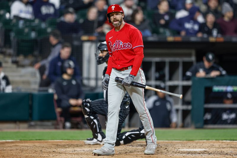 Apr 18, 2023; Chicago, Illinois, USA; Philadelphia Phillies left fielder Jake Cave (44) reacts after striking out against Chicago White Sox relief pitcher Reynaldo Lopez (not pictured) during the ninth inning of game two of the doubleheader at Guaranteed Rate Field. Mandatory Credit: Kamil Krzaczynski-USA TODAY Sports