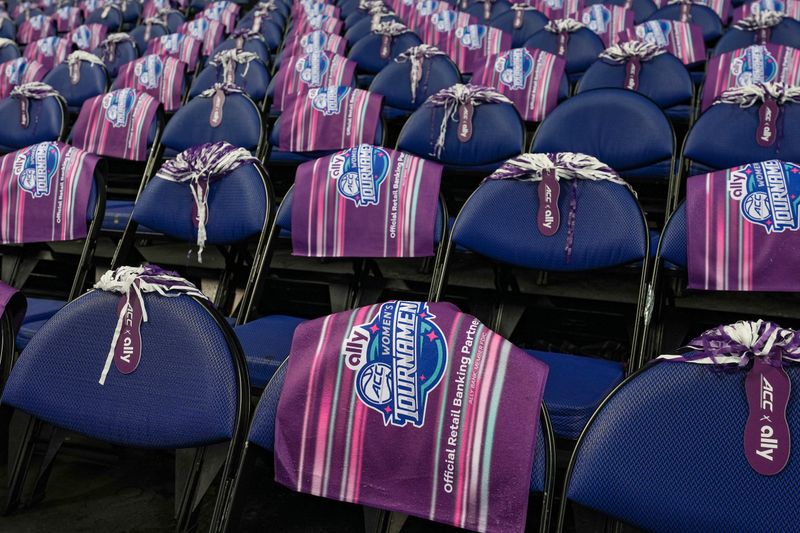 Mar 10, 2024; Greensboro, NC, USA; General view of rally towels prior to the ACC Championship game between NC States and Notre Dame at Greensboro Coliseum. Mandatory Credit: David Yeazell-USA TODAY Sports