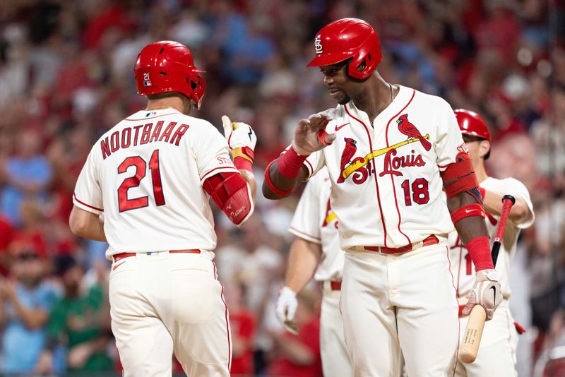 Sep 30, 2023; St. Louis, Missouri, USA; St. Louis Cardinals right fielder Jordan Walker (18) celebrates with his teammate St. Louis Cardinals center fielder Lars Nootbaar (21) for his homerun against the Cincinnati Reds in the second inning at Busch Stadium. Mandatory Credit: Zach Dalin-USA TODAY Sports