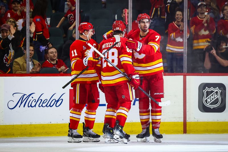 Jan 31, 2026; Calgary, Alberta, CAN; Calgary Flames left wing Joel Farabee (86) celebrates his goal with teammates against the San Jose Sharks during the third period at Scotiabank Saddledome. Mandatory Credit: Sergei Belski-Imagn Images