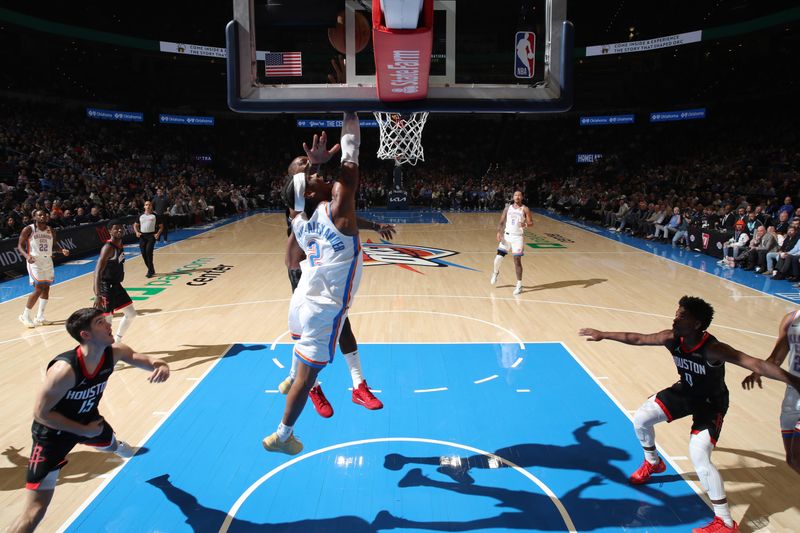 OKLAHOMA CITY, OK - MARCH 3: Shai Gilgeous-Alexander #2 of the Oklahoma City Thunder shoots the ball during the game against the Houston Rockets on March 3, 2025 at Paycom Center in Oklahoma City, Oklahoma. NOTE TO USER: User expressly acknowledges and agrees that, by downloading and or using this photograph, User is consenting to the terms and conditions of the Getty Images License Agreement. Mandatory Copyright Notice: Copyright 2025 NBAE (Photo by Zach Beeker/NBAE via Getty Images)