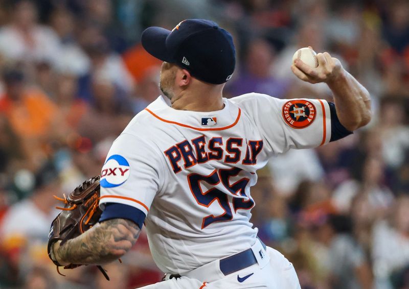 Aug 2, 2023; Houston, Texas, USA; Houston Astros relief pitcher Ryan Pressly (55) pitches against the Cleveland Guardians in the ninth inning at Minute Maid Park. Mandatory Credit: Thomas Shea-USA TODAY Sports