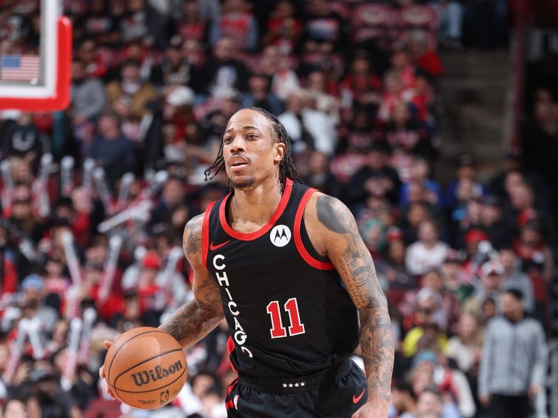 CHICAGO, IL - APRIL 1: DeMar DeRozan #11 of the Chicago Bulls dribbles the ball during the game against the Atlanta Hawks on April 1, 2024 at United Center in Chicago, Illinois. NOTE TO USER: User expressly acknowledges and agrees that, by downloading and or using this photograph, User is consenting to the terms and conditions of the Getty Images License Agreement. Mandatory Copyright Notice: Copyright 2024 NBAE (Photo by Jeff Haynes/NBAE via Getty Images)