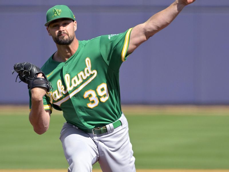 Feb 26, 2023; Phoenix, Arizona, USA;  Oakland Athletics starting pitcher Kyle Muller (39) throws to the plate in the first inning of a spring training game against the Milwaukee Brewers at American Family Fields of Phoenix. Mandatory Credit: Jayne Kamin-Oncea-USA TODAY Sports