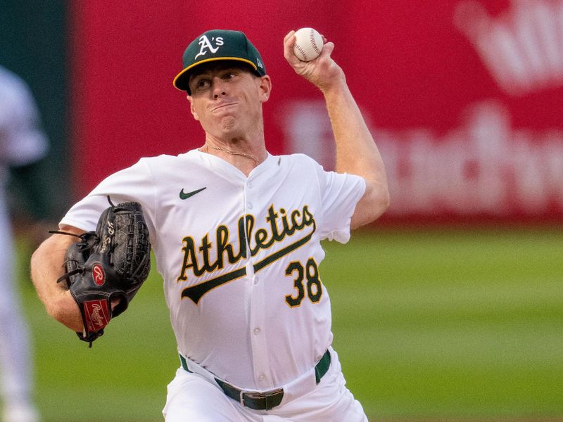 Aug 5, 2024; Oakland, California, USA;  Oakland Athletics starting pitcher JP Sears (38) delivers a pitch against the Chicago White Sox during the first inning at Oakland-Alameda County Coliseum. Mandatory Credit: Neville E. Guard-USA TODAY Sports