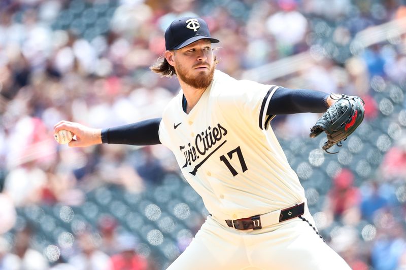 May 25, 2025; Minneapolis, Minnesota, USA; Minnesota Twins starting pitcher Bailey Ober (17) delivers a pitch against the Kansas City Royals during the first inning at Target Field. Mandatory Credit: Matt Krohn-Imagn Images