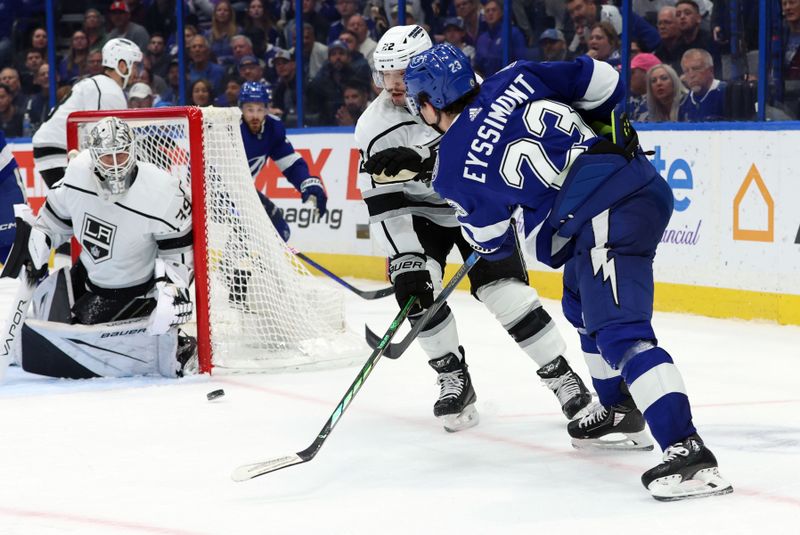 Jan 9, 2024; Tampa, Florida, USA; Tampa Bay Lightning center Michael Eyssimont (23) shoots on Los Angeles Kings goaltender Cam Talbot (39) during the third period at Amalie Arena. Mandatory Credit: Kim Klement Neitzel-USA TODAY Sports