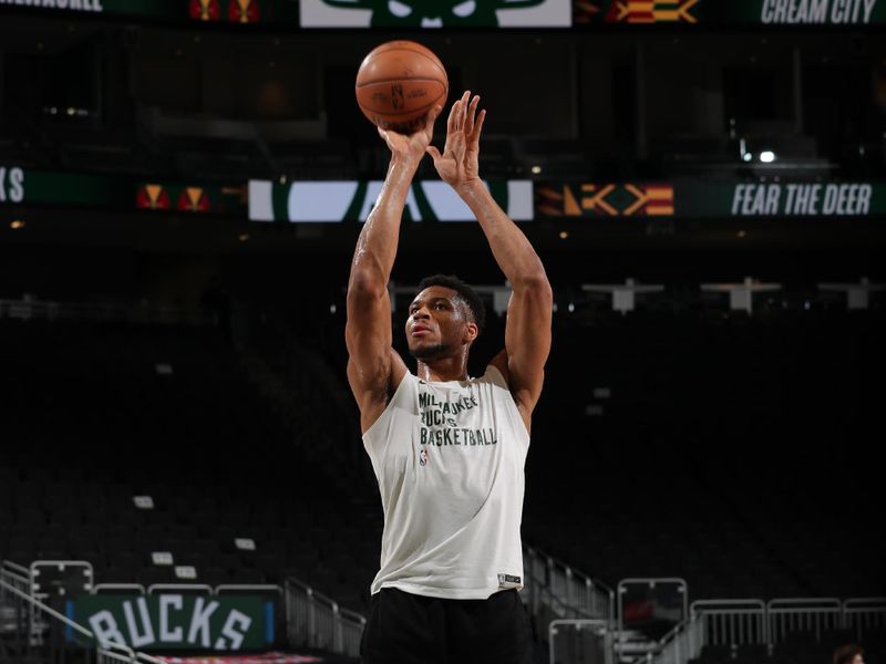 MILWAUKEE, WI - FEBRUARY 8: Giannis Antetokounmpo #34 of the Milwaukee Bucks warms up before the game against the Minnesota Timberwolves on February 8, 2024 at the Fiserv Forum Center in Milwaukee, Wisconsin. NOTE TO USER: User expressly acknowledges and agrees that, by downloading and or using this Photograph, user is consenting to the terms and conditions of the Getty Images License Agreement. Mandatory Copyright Notice: Copyright 2024 NBAE (Photo by Gary Dineen/NBAE via Getty Images).