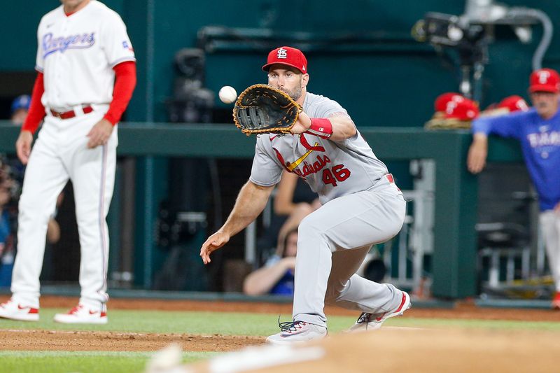 Jun 7, 2023; Arlington, Texas, USA; St. Louis Cardinals first baseman Paul Goldschmidt (46) catches a throw during the seventh inning against the Texas Rangers at Globe Life Field. Mandatory Credit: Andrew Dieb-USA TODAY Sports