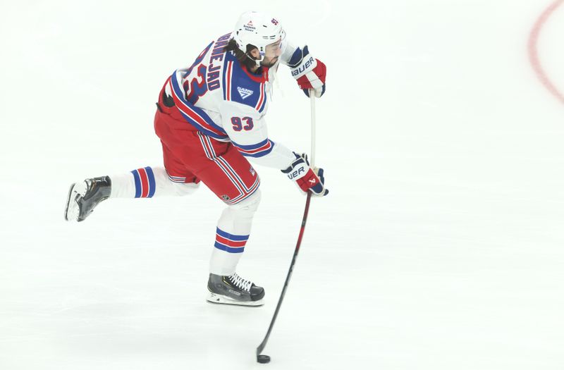 Oct 11, 2025; Pittsburgh, Pennsylvania, USA;  New York Rangers center Mika Zibanejad (93) warms up before the game against the Pittsburgh Penguins at PPG Paints Arena. Mandatory Credit: Charles LeClaire-Imagn Images