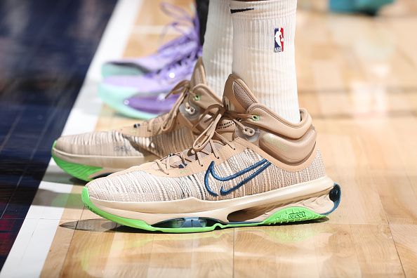 MINNEAPOLIS, MN -  NOVEMBER 1: The sneakers of Karl-Anthony Towns #32 of the Minnesota Timberwolves during the game against the Denver Nuggets on November 1, 2023 at Target Center in Minneapolis, Minnesota. NOTE TO USER: User expressly acknowledges and agrees that, by downloading and or using this Photograph, user is consenting to the terms and conditions of the Getty Images License Agreement. Mandatory Copyright Notice: Copyright 2023 NBAE (Photo by David Sherman/NBAE via Getty Images)