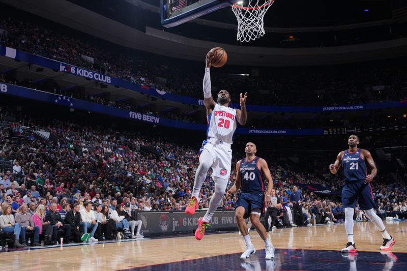 PHILADELPHIA, PA - APRIL 9: Malcolm Cazalon #20 of the Detroit Pistons drives to the basket during the game against the Philadelphia 76ers on April 9, 2024 at the Wells Fargo Center in Philadelphia, Pennsylvania NOTE TO USER: User expressly acknowledges and agrees that, by downloading and/or using this Photograph, user is consenting to the terms and conditions of the Getty Images License Agreement. Mandatory Copyright Notice: Copyright 2024 NBAE (Photo by Jesse D. Garrabrant/NBAE via Getty Images)