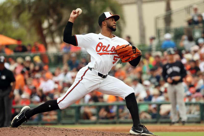 Mar 2, 2024; Sarasota, Florida, USA;  Baltimore Orioles relief pitcher Dillon Tate (55) throws a pitch during the fifth inning against the New York Yankees at Ed Smith Stadium. Mandatory Credit: Kim Klement Neitzel-USA TODAY Sports