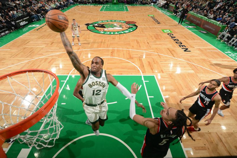 BOSTON, MA - APRIL 7: Oshae Brissett #12 of the Boston Celtics goes to the basket during the game on April 7, 2024 at the TD Garden in Boston, Massachusetts. NOTE TO USER: User expressly acknowledges and agrees that, by downloading and or using this photograph, User is consenting to the terms and conditions of the Getty Images License Agreement. Mandatory Copyright Notice: Copyright 2024 NBAE  (Photo by Brian Babineau/NBAE via Getty Images)