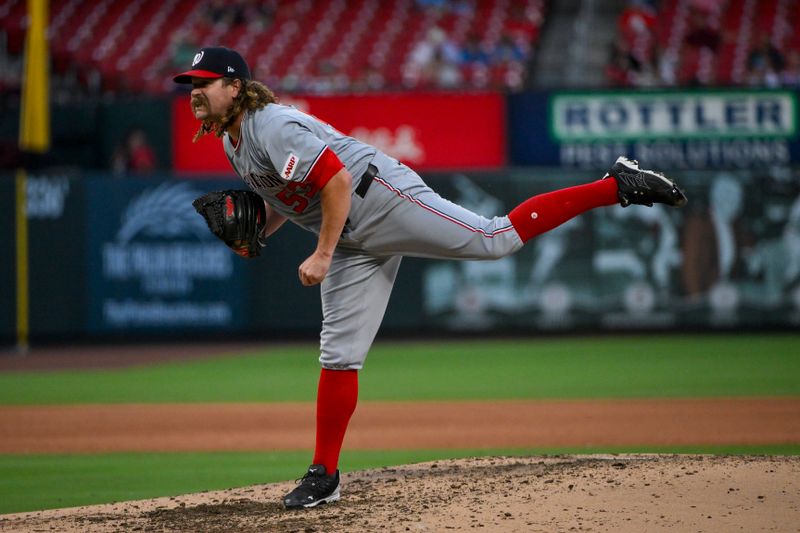 Jul 10, 2025; St. Louis, Missouri, USA;  Washington Nationals relief pitcher Andrew Chafin (53) pitches against the St. Louis Cardinals during the fifth inning at Busch Stadium. Mandatory Credit: Jeff Curry-Imagn Images