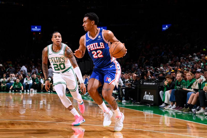 BOSTON, MA - OCTOBER 12: Jordan Tucker #22 of the Philadelphia 76ers handles the ball during the game against the Boston Celtics during a NBA Preseason game on October 12, 2024 at TD Garden in Boston, Massachusetts. NOTE TO USER: User expressly acknowledges and agrees that, by downloading and/or using this Photograph, user is consenting to the terms and conditions of the Getty Images License Agreement. Mandatory Copyright Notice: Copyright 2024 NBAE (Photo by Brian Babineau/NBAE via Getty Images)