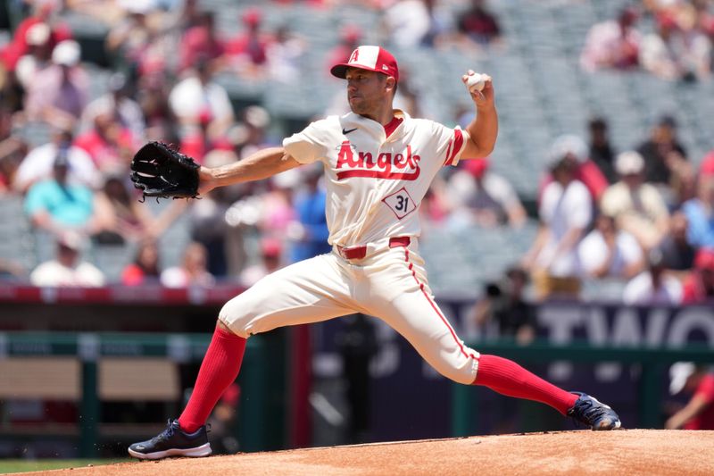 Jun 8, 2025; Anaheim, California, USA; Los Angeles Angels starting pitcher Tyler Anderson (31) throws in the first inning against the Seattle Mariners at Angel Stadium. Mandatory Credit: Kirby Lee-Imagn Images