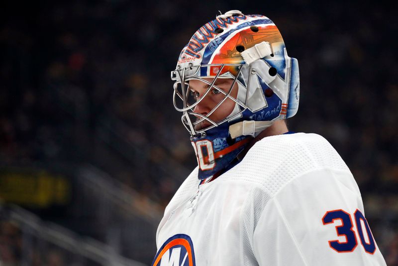 Feb 20, 2024; Pittsburgh, Pennsylvania, USA; New York Islanders goaltender Ilya Sorokin (30) looks on against the Pittsburgh Penguins during the first period at PPG Paints Arena. New York won 5-4 in overtime. Mandatory Credit: Charles LeClaire-USA TODAY Sports