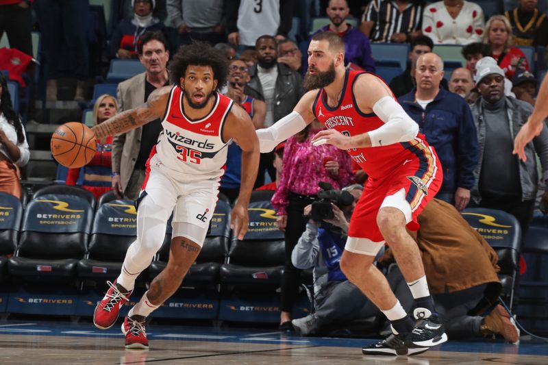 NEW ORLEANS, LA - FEBRUARY 14: Marvin Bagley III #35 of the Washington Wizards handles the ball during the game against the New Orleans Pelicans on February 14, 2024 at the Smoothie King Center in New Orleans, Louisiana. NOTE TO USER: User expressly acknowledges and agrees that, by downloading and or using this Photograph, user is consenting to the terms and conditions of the Getty Images License Agreement. Mandatory Copyright Notice: Copyright 2024 NBAE (Photo by Layne Murdoch Jr./NBAE via Getty Images)