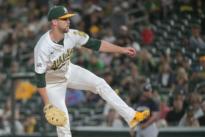 Jun 4, 2025; West Sacramento, California, USA; Athletics pitcher Jeffrey Springs (59) throws a pitch against the Minnesota Twins during the eighth inning at Sutter Health Park. Mandatory Credit: Ed Szczepanski-Imagn Images