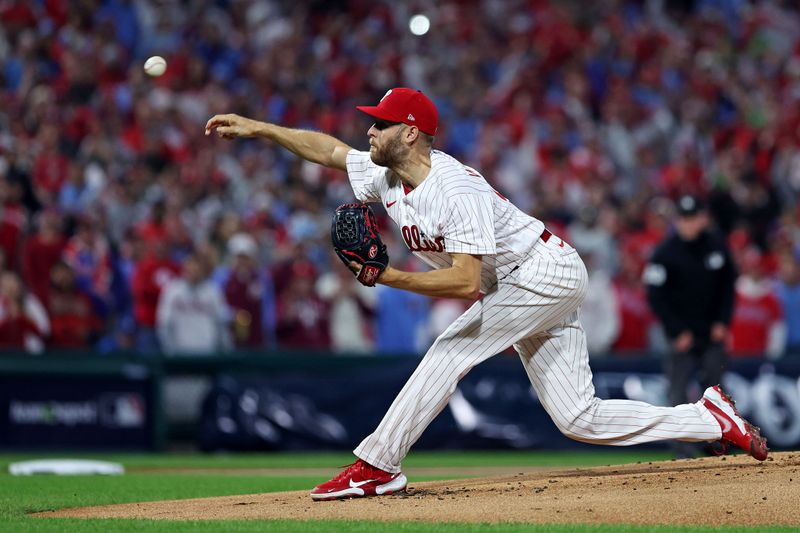 Oct 16, 2023; Philadelphia, Pennsylvania, USA; Philadelphia Phillies starting pitcher Zack Wheeler (45) pitches during the first inning against the Arizona Diamondbacks in game one of the NLCS for the 2023 MLB playoffs at Citizens Bank Park. Mandatory Credit: Bill Streicher-USA TODAY Sports