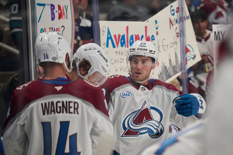 Oct 20, 2024; San Jose, California, USA; Colorado Avalanche center Ross Colton (20) talks with his teammates on the ice during warmups before the game against the San Jose Sharks at SAP Center at San Jose. Mandatory Credit: Robert Edwards-Imagn Images