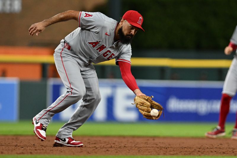 Aug 27, 2024; Detroit, Michigan, USA;  Los Angeles Angels third baseman Anthony Rendon (6) fields a ground ball against the Detroit Tigers in the third inning at Comerica Park. Mandatory Credit: Lon Horwedel-USA TODAY Sports