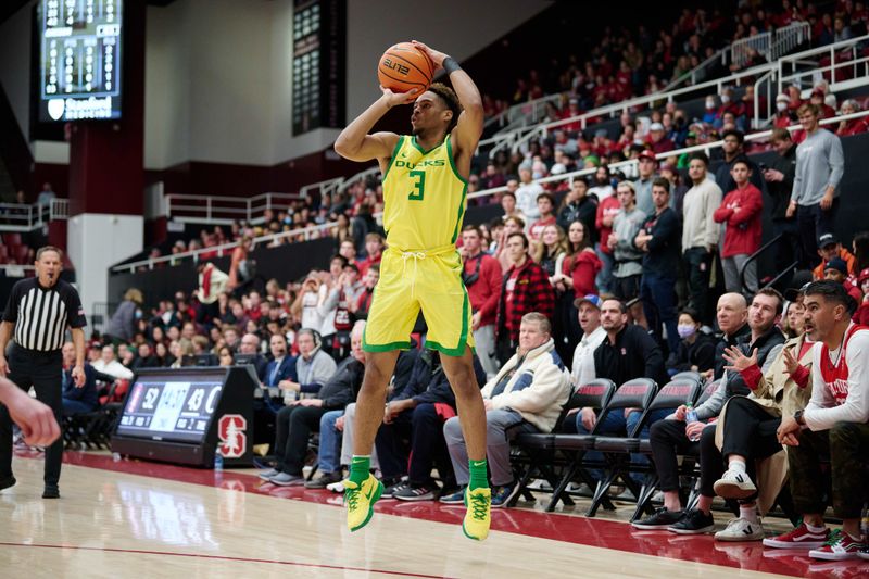 Jan 21, 2023; Stanford, California, USA; Oregon Ducks guard Keeshawn Barthelemy (3) shoots a three-point shot against the Stanford Cardinal during the second half at Maples Pavilion. Mandatory Credit: Robert Edwards-USA TODAY Sports