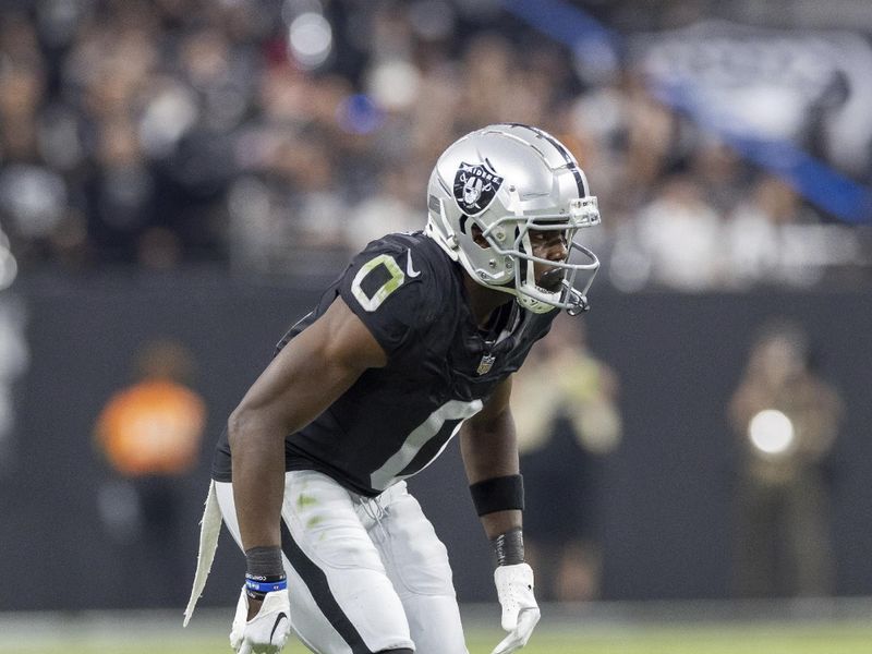 Las Vegas Raiders cornerback Jakorian Bennett (0) against the Pittsburgh Steelers in an NFL football game, Sunday, Sept. 24, 2023, in Las Vegas, NV. Steelers won 23-18. (AP Photo/Jeff Lewis)