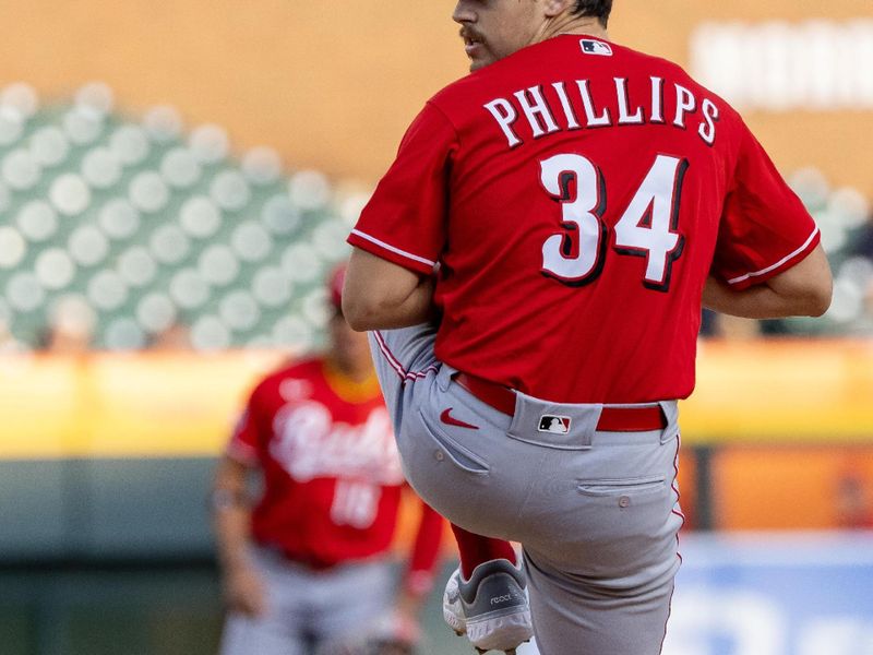 Sep 13, 2023; Detroit, Michigan, USA; Cincinnati Reds starting pitcher Connor Phillips (34) throws in the first inning against the Detroit Tigers at Comerica Park. Mandatory Credit: David Reginek-USA TODAY Sports