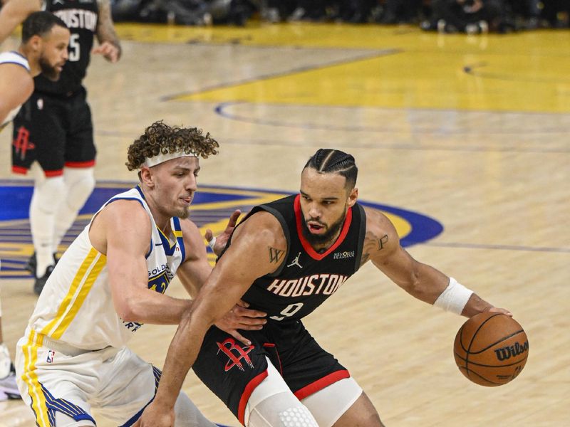 SAN FRANCISCO, CA - APRIL 26:   Dillon Brooks #9 of the Houston Rockets dribbles the ball during the game against the Golden State Warriors during Round 1 Game 3 of the 2025 NBA Playoffs   on April 26, 2025 at Chase Center in San Francisco, California. NOTE TO USER: User expressly acknowledges and agrees that, by downloading and or using this photograph, user is consenting to the terms and conditions of Getty Images License Agreement. Mandatory Copyright Notice: Copyright 2025 NBAE (Photo by David Dow/NBAE via Getty Images)