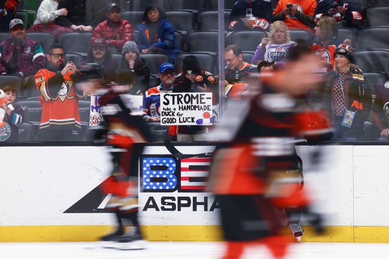 Feb 9, 2024; Anaheim, California, USA; An Anaheim Ducks center Ryan Strome (16) sign is seen before a game against the Edmonton Oilers at Honda Center. Mandatory Credit: Jessica Alcheh-USA TODAY Sports