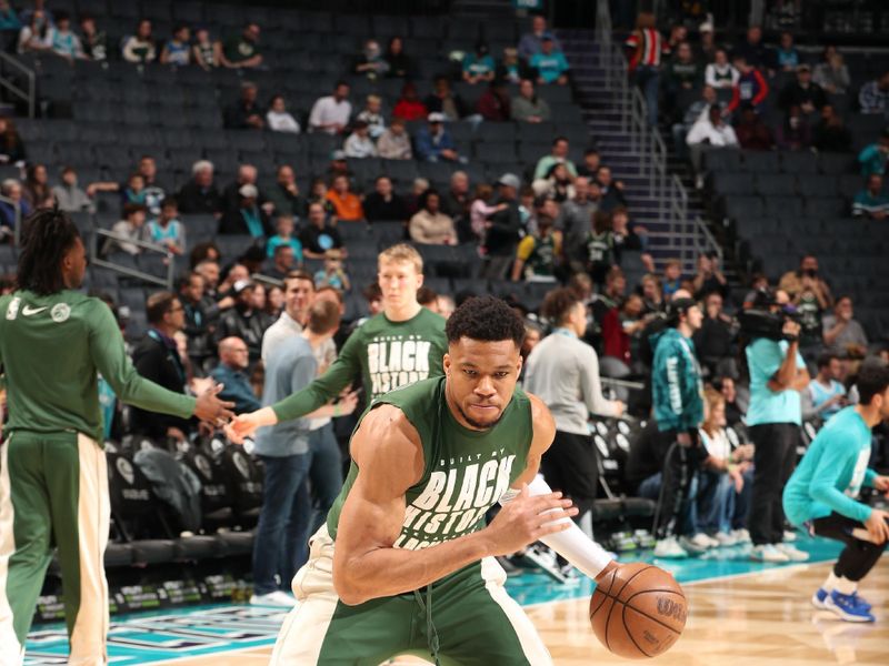 CHARLOTTE, NC - FEBRUARY 29: Giannis Antetokounmpo #34 of the Milwaukee Bucks warms up before the game against the Charlotte Hornets on February 29, 2024 at Spectrum Center in Charlotte, North Carolina. NOTE TO USER: User expressly acknowledges and agrees that, by downloading and or using this photograph, User is consenting to the terms and conditions of the Getty Images License Agreement. Mandatory Copyright Notice: Copyright 2024 NBAE (Photo by Kent Smith/NBAE via Getty Images)