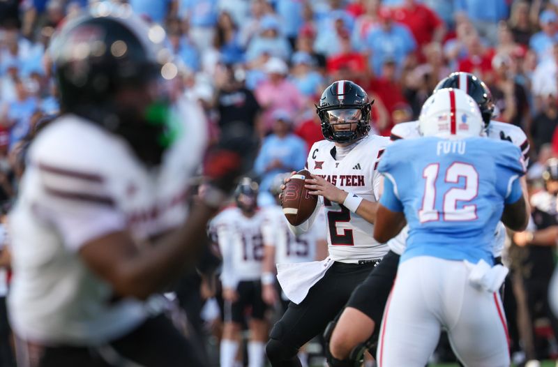 Oct 4, 2025; Houston, Texas, USA; Texas Tech Red Raiders quarterback Behren Morton (2) drops back to pass against the Houston Cougars in the first half at TDECU Stadium. Mandatory Credit: Thomas Shea-Imagn Images