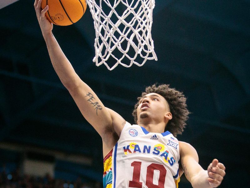 Feb 18, 2023; Lawrence, Kansas, USA; Kansas Jayhawks forward Jalen Wilson (10) puts up a shot during the second half against the Baylor Bears at Allen Fieldhouse. Mandatory Credit: William Purnell-USA TODAY Sports