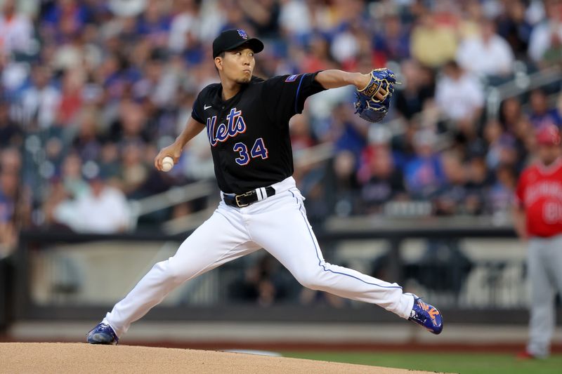 Aug 25, 2023; New York City, New York, USA; New York Mets starting pitcher Kodai Senga (34) pitches against the Los Angeles Angels during the first inning at Citi Field. Mandatory Credit: Brad Penner-USA TODAY Sports