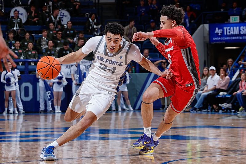 Feb 10, 2023; Colorado Springs, Colorado, USA; Air Force Falcons guard Jeffrey Mills (24) controls the ball as New Mexico Lobos guard KJ Jenkins (0) guards in the second half at Clune Arena. Mandatory Credit: Isaiah J. Downing-USA TODAY Sports