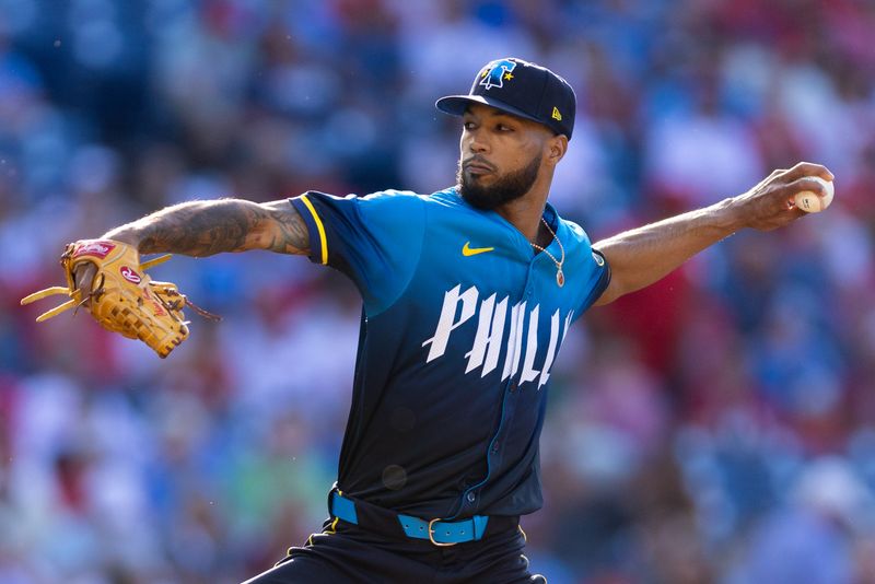 Jun 28, 2024; Philadelphia, Pennsylvania, USA; Philadelphia Phillies pitcher Cristopher Sánchez (61) throws a pitch during the first inning against the Miami Marlins at Citizens Bank Park. Mandatory Credit: Bill Streicher-USA TODAY Sports