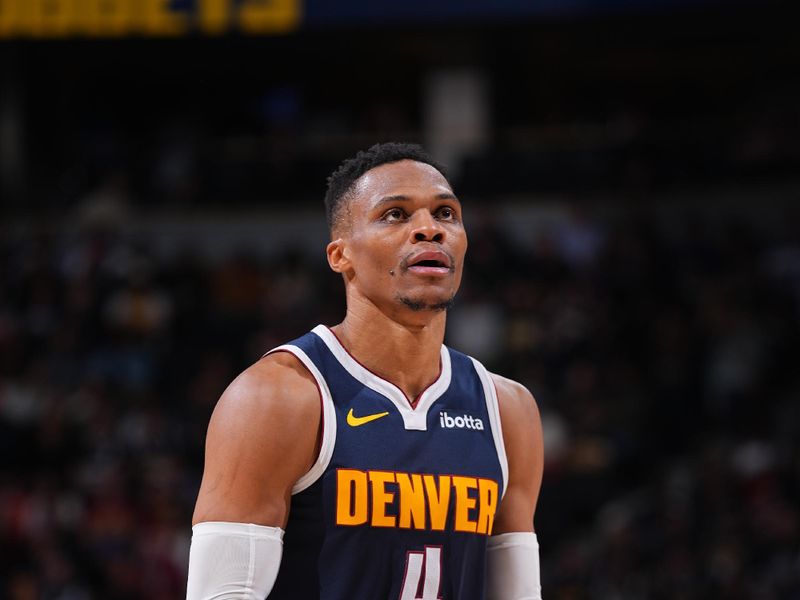 DENVER, CO - NOVEMBER 6: Russell Westbrook #4 of the Denver Nuggets shoots a free throw during the game against the Oklahoma City Thunder during a regular season game on November 6, 2024 at Ball Arena in Denver, Colorado. NOTE TO USER: User expressly acknowledges and agrees that, by downloading and/or using this Photograph, user is consenting to the terms and conditions of the Getty Images License Agreement. Mandatory Copyright Notice: Copyright 2024 NBAE (Photo by Bart Young/NBAE via Getty Images)