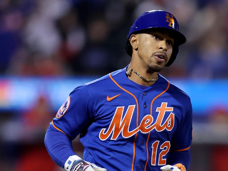 Sep 30, 2023; New York City, New York, USA; New York Mets shortstop Francisco Lindor (12) rounds the bases after hitting a two run home run against the Philadelphia Phillies during the fourth inning at Citi Field. Mandatory Credit: Brad Penner-USA TODAY Sports