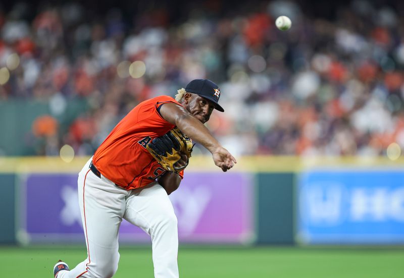 May 3, 2024; Houston, Texas, USA; Houston Astros starting pitcher Ronel Blanco (56) delivers a pitch during the second inning against the Seattle Mariners at Minute Maid Park. Mandatory Credit: Troy Taormina-USA TODAY Sports