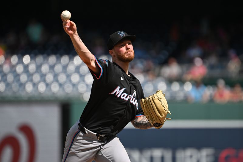 Sep 15, 2024; Washington, District of Columbia, USA; Miami Marlins starting pitcher Adam Oller (77) throws a pitch against the Washington Nationals during the first inning at Nationals Park. Mandatory Credit: Rafael Suanes-Imagn Images