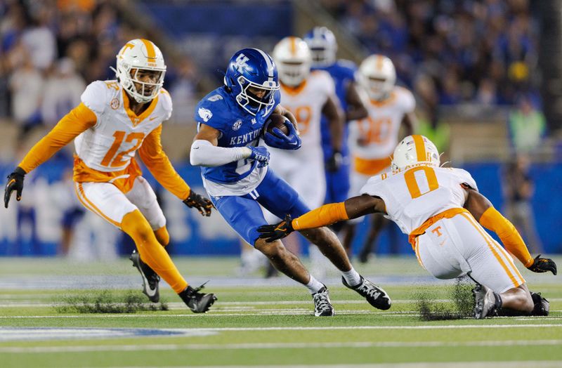 Oct 28, 2023; Lexington, Kentucky, USA; Kentucky Wildcats wide receiver Dane Key (6) runs the ball during the third quarter against the Tennessee Volunteers at Kroger Field. Mandatory Credit: Jordan Prather-USA TODAY Sports