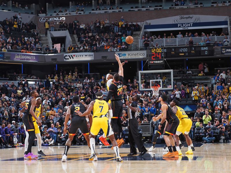INDIANAPOLIS, IN - JANUARY 26: Myles Turner #33 of the Indiana Pacers and Jusuf Nurkic #20 of the Phoenix Suns go for the opening tip-off on January 26, 2024 at Gainbridge Fieldhouse in Indianapolis, Indiana. NOTE TO USER: User expressly acknowledges and agrees that, by downloading and or using this Photograph, user is consenting to the terms and conditions of the Getty Images License Agreement. Mandatory Copyright Notice: Copyright 2024 NBAE (Photo by Ron Hoskins/NBAE via Getty Images)