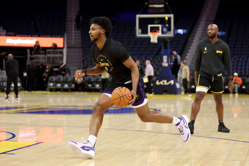 SAN FRANCISCO, CALIFORNIA - OCTOBER 18: Bronny James #9 of the Los Angeles Lakers warms up before their preseason game against the Golden State Warriors at Chase Center on October 18, 2024 in San Francisco, California.  NOTE TO USER: User expressly acknowledges and agrees that, by downloading and/or using this photograph, user is consenting to the terms and conditions of the Getty Images License Agreement.  (Photo by Ezra Shaw/Getty Images)