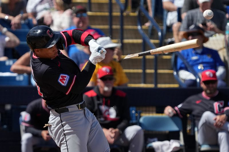 Mar 16, 2025; Phoenix, Arizona, USA; Cleveland Guardians shortstop Juan Brito (74) breaks his bat and hits a single against the Milwaukee Brewers in the third inning at American Family Fields of Phoenix. Mandatory Credit: Rick Scuteri-Imagn Images