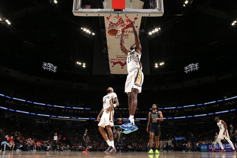 NEW ORLEANS, LA - NOVEMBER 11: Yves Missi #21 of the New Orleans Pelicans dunks the ball during the game against the Brooklyn Nets on November 11, 2024 at the Smoothie King Center in New Orleans, Louisiana. NOTE TO USER: User expressly acknowledges and agrees that, by downloading and or using this Photograph, user is consenting to the terms and conditions of the Getty Images License Agreement. Mandatory Copyright Notice: Copyright 2024 NBAE (Photo by Layne Murdoch Jr./NBAE via Getty Images)