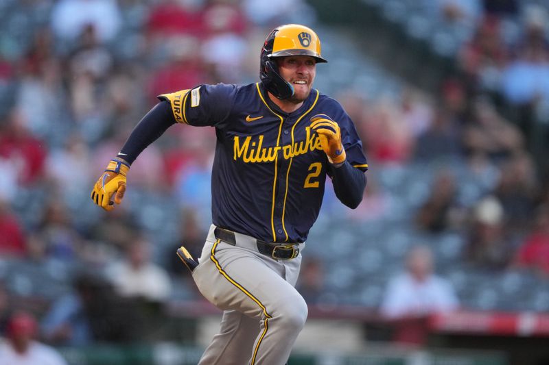 Jun 17, 2024; Anaheim, California, USA;  Milwaukee Brewers second baseman Brice Turang (2) runs to first base in the first inning against the Los Angeles Angels at Angel Stadium. Mandatory Credit: Kirby Lee-USA TODAY Sports